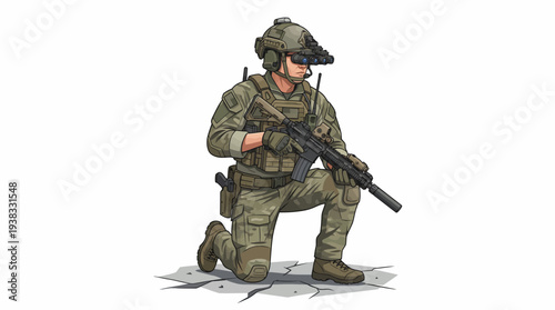 An American military soldier in green camouflage gear kneels on one knee, holding a rifle with a helmet and protection gear, standing guard with security and armed for defense