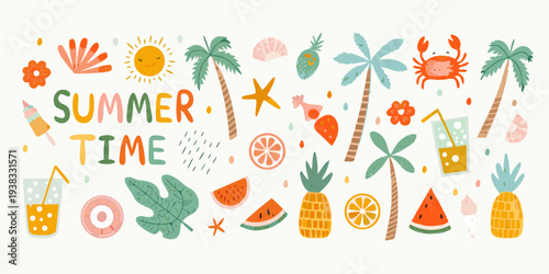 Colorful summer illustration featuring tropical fruits crab and palm trees