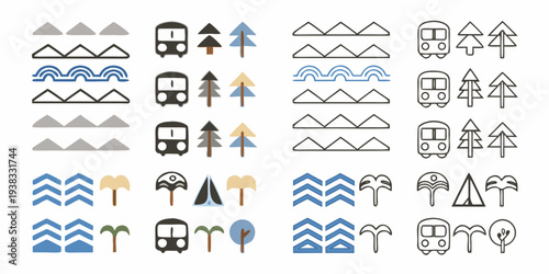 Collection of minimalist icons depicting weather transport and nature