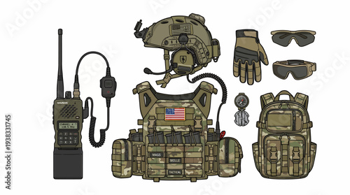 A collection of military gear and equipment, including a helmet, tactical vest, backpack, radio, and accessories, arranged on a white background