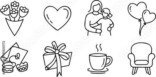 Mothers day line art icons with flowers heart mother child balloons gift cup chair