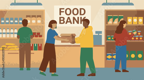 Diverse people working and volunteering at a food bank, organizing donations