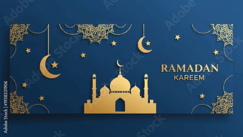 Celebrating Ramadan Kareem with a golden mosque illustration surrounded by crescent moons and stars in a serene nighttime setting, inspired by 107 VR.eps