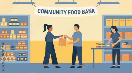 Volunteers at community food bank distributing food and stocking shelves