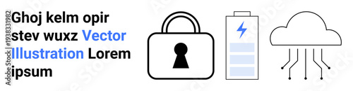 Padlock representing security, battery symbolizing power, and cloud with circuits for cloud computing. Ideal for cyber security, data protection, tech solutions, cloud services, energy management