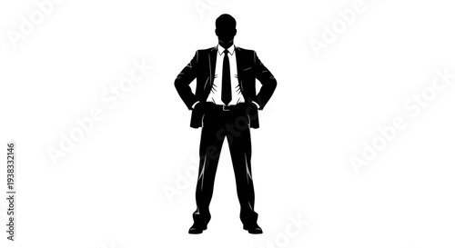 Silhouette businessman standing confidently, hands on hips, formal suit, white background