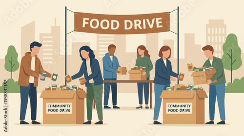 Community food drive event with volunteers sorting donations