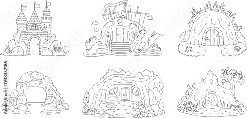Set of cartoon fantasy houses for children, castles, cave dwellings, and hobbit homes line art