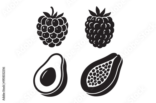 Black and white illustration of raspberries avocado and papaya fruits