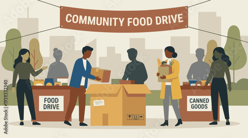 Community Food Drive Event with Diverse Volunteers and Food Donations