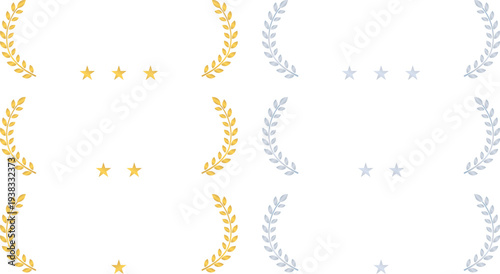 金と銀の三ツ星、二つ星、一つ星の月桂樹フレームセット