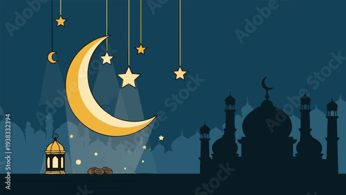 Islamic Celebrations Illustration Featuring Crescent Moon, Stars, Mosque Silhouettes, Lanterns, and Eid Festivities in Virtual Reality Scene 115 VR.eps