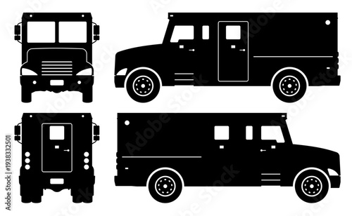 Armored truck silhouette isolated vector illustration. Vehicle icons set view from the side, front and rear