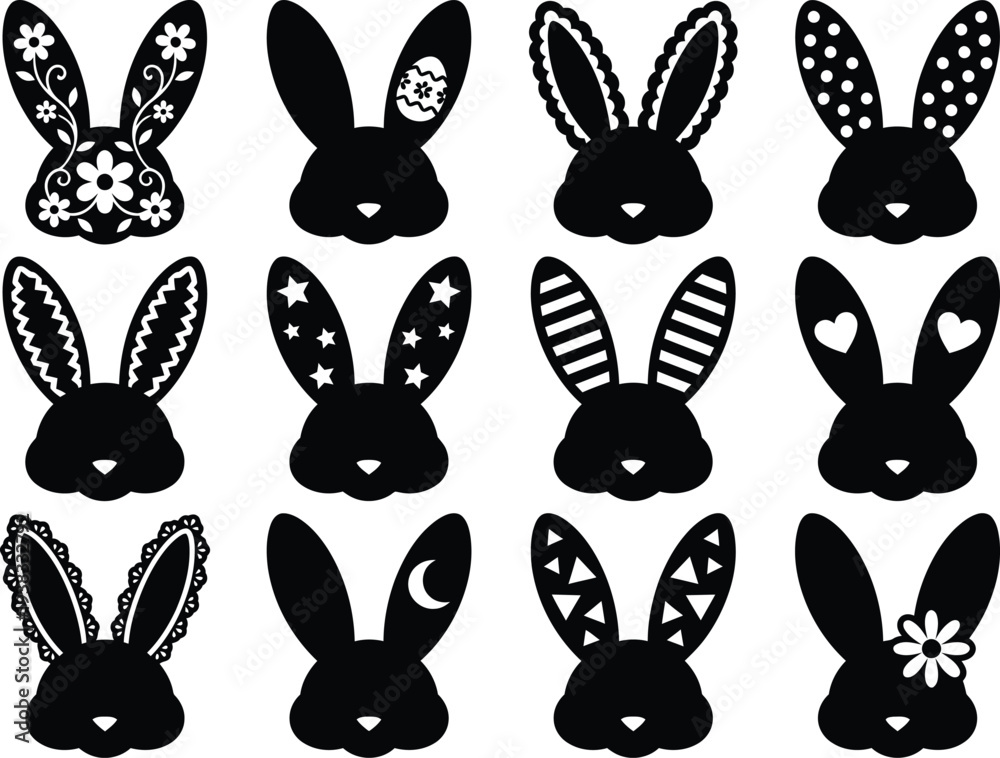 Fototapeta premium Decorative Easter Rabbit Head Silhouette Set Vector Bunny Face Ornamental Bundle Black Cutout