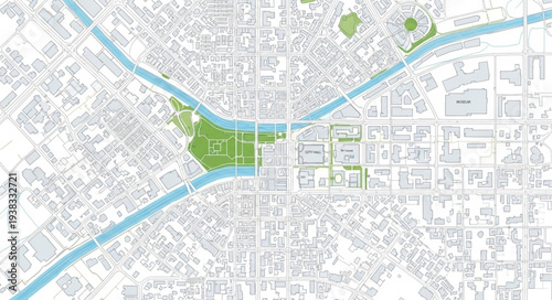 City Map with River and Parks.
