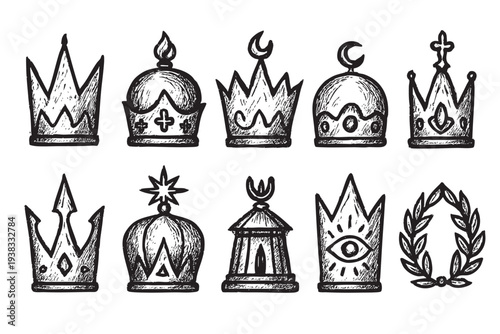Hand-drawn-style crowns and laurel wreath in black ink on a white background, ideal for design elements, logos, badges, or illustrations needing a quirky royalty touch.