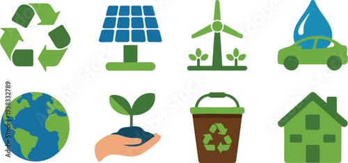 Set of environmental conservation icons featuring green recycling symbols solar panels wind turbines and earth