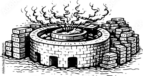 Vintage Traditional Clamp Kiln Brick Firing Smoke Woodcut