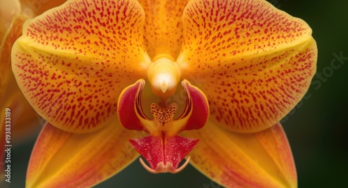 Close up of a vibrant Encyclia Prosthechea vitellina hybrid orchid with bright orange and yellow petals