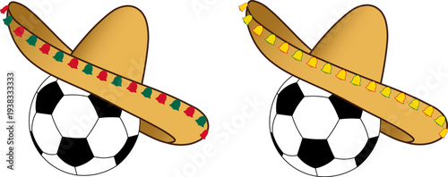 Pair of soccer balls wearing festive Mexican sombrero hats with bells for 2026 tournament fans