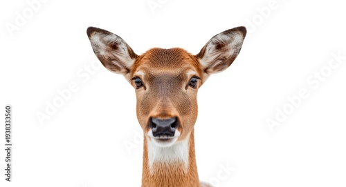 Close up frontal image of a male red deer against a plain white surface