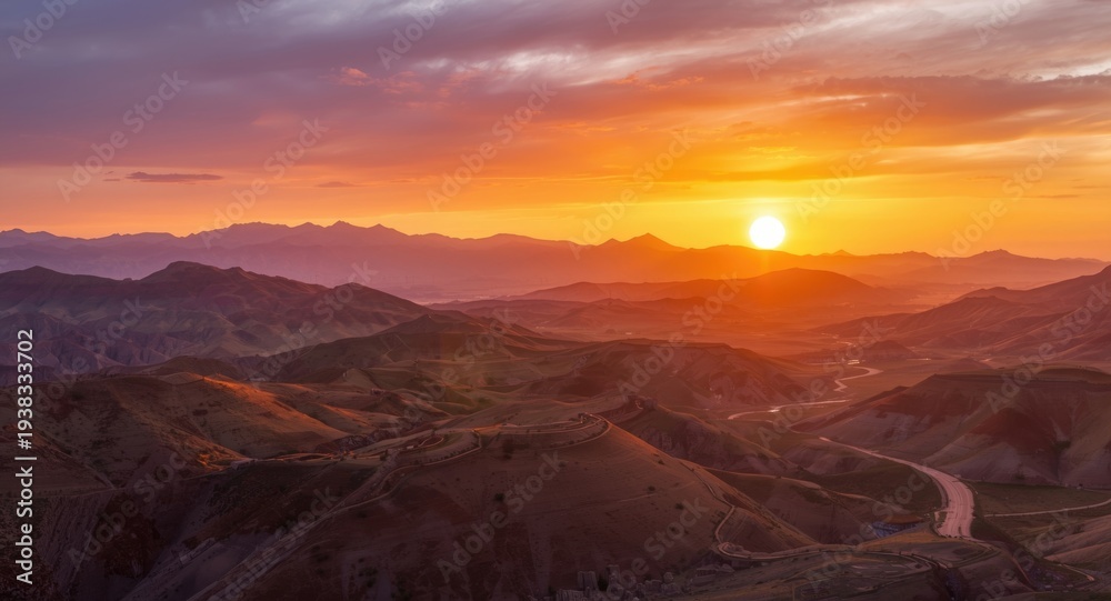 Naklejka premium Creative landscape painting showcasing rolling hills and mountainous shapes with abstract design under sunset