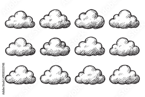 Seamless pattern featuring twelve hand-drawn cloud illustrations on a white background; versatile design element for sky, weather, and creative projects.