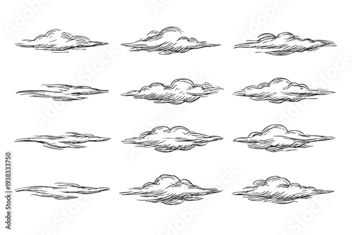 Set of twelve vector cloud sketches in varied styles, drawn in black ink on a clean white backdrop, perfect for illustrations, design projects, or creative backgrounds.