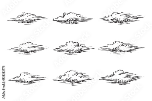 Nine hand-drawn cloud illustrations in different forms create a simple yet elegant pattern against a clean white backdrop, suitable for design and artistic endeavors.