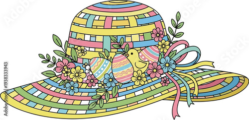 Colorful Easter straw hat adorned with festive eggs, cute chick, delicate flowers, and ribbons, celebrating spring holidays.
