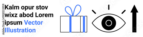 Gift box with blue ribbon, eye symbol with observation rays, and black upward arrow represent themes of vision, awareness, growth, and progression. Ideal for vision, discovery, progress achievement