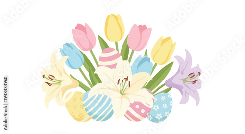 Beautiful illustration featuring a vibrant bouquet of spring tulips and lilies intertwined with colorful decorated Easter eggs, perfect for holiday greetings.