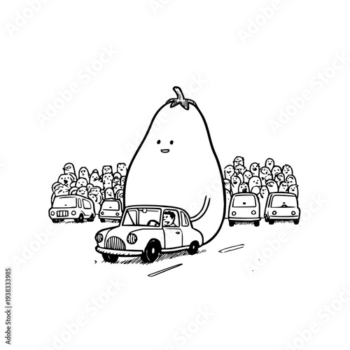 Cartoon pear character driving car through crowded street with people in other vehicles simple black and white illustration humorous traffic scene