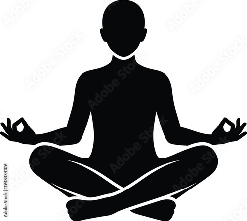 A serene black silhouette icon depicting a person in a classic cross-legged meditation yoga pose for spiritual well-being and mindfulness practice.