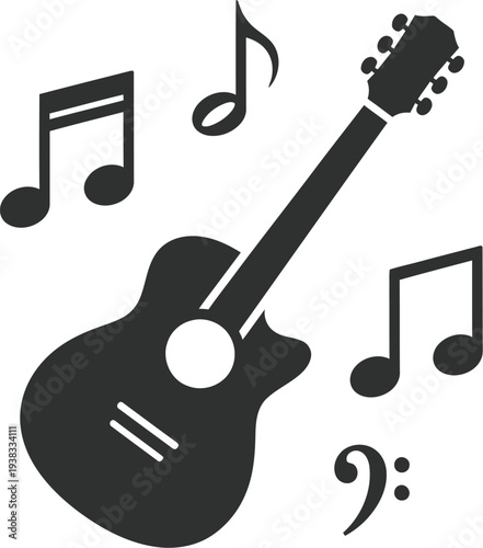 Simple black acoustic guitar icon surrounded by various musical notes symbolizing melody and songwriting concepts
