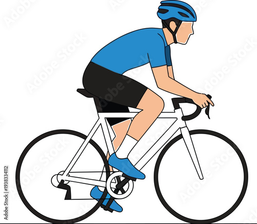 Cyclist wearing blue jersey and helmet intensely riding a racing bicycle isolated on a plain white background