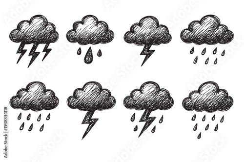 Set of hand-drawn black and white storm cloud illustrations, some with rain drops and lightning bolts, creating a whimsical weather pattern on a white background.