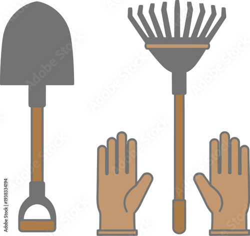 A flat illustration displaying essential gardening hand tools like a sturdy shovel, a multi-tine rake, and brown protective gloves for yard work.