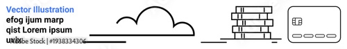 Cloud with horizontal lines, stack of server racks, and bank card icon. Ideal for cloud computing, data storage, IT infrastructure, digital security, technology services, online transactions