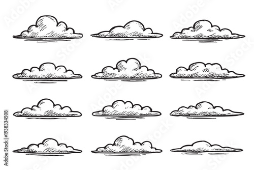 A collection of nine sketched clouds in black and white, ideal for weather concepts, backgrounds, or design elements requiring a whimsical touch.