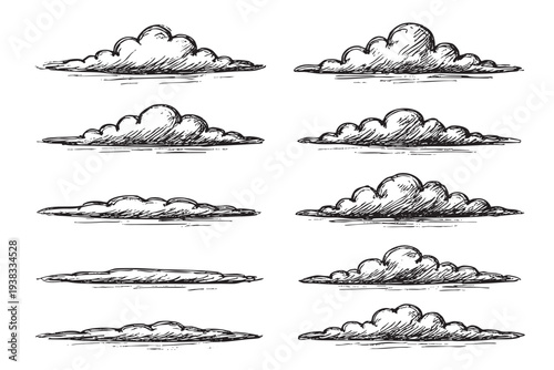 Set of eight hand drawn clouds with black outlines on a white background in varying shapes and styles, perfect for weather illustrations or design elements.