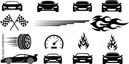 Racing car icons and speed symbols