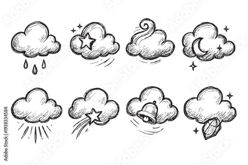 A set of eight hand-drawn cloud icons with varying weather conditions, including rain, star, moon, bell, and diamond on a white background. Perfect for illustrations or designs.