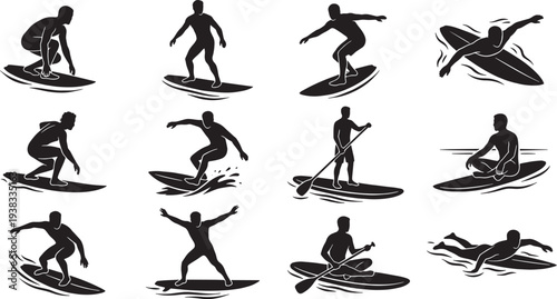 Surfing and Paddle Boarding Silhouette Set – Surfer Riding Ocean Wave Vector Collection