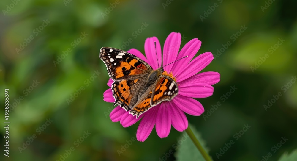 Obraz premium Bright pink flower featuring a tortoise shell patterned resting butterfly