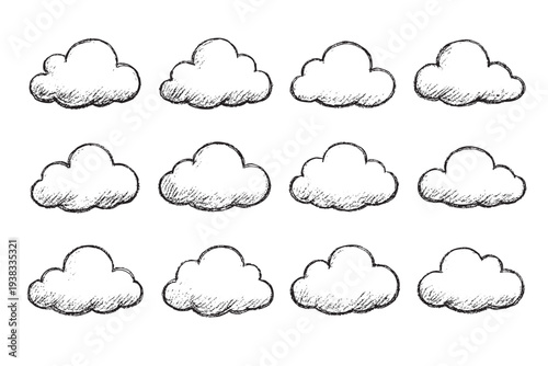 Twelve hand-drawn style clouds in a pattern on a white background, useful for scrapbooking, design projects and atmospheric backgrounds.