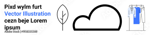 Leaf outline, bold cloud shape, lorem ipsum text, clothing rack with clothes Ideal for fashion, nature, graphic design, weather apps, environmental blogs art projects web development. Landing page