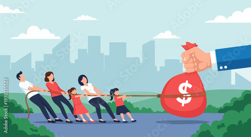 Family Tug-of-War for Money Bag Vector Illustration: Financial Struggle, Debt, or Savings Concept with Business Hand
