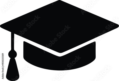 Graduation college, high school or university cap icon with tassel. Vector degree ceremony hat, student achievement, black educational student symbol. Editable and scalable vector