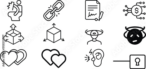Collection of 12 black and white line icons